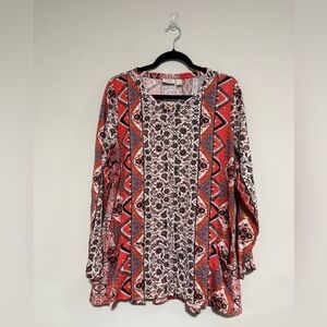 LOGO Women's Multicolor Patterned Long Sleeve Boho Tunic Top Size XL NWOT